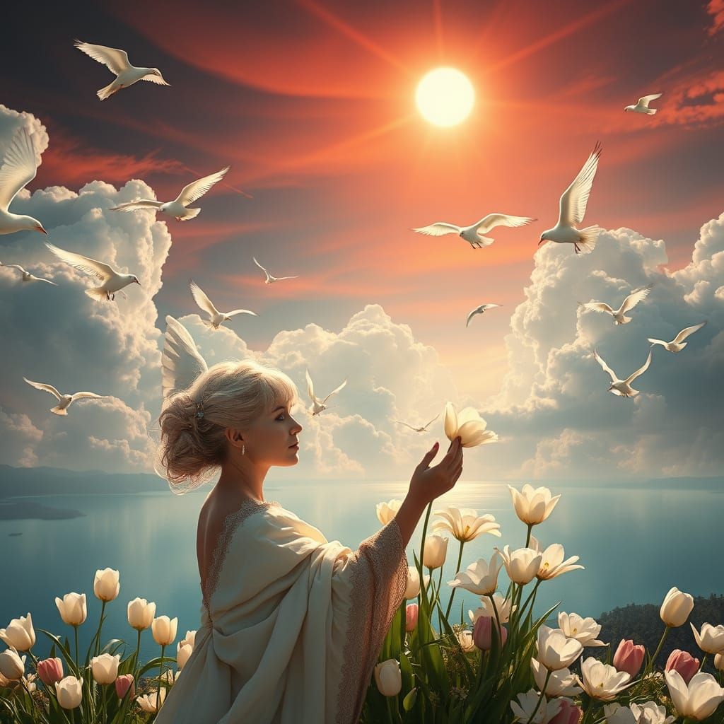 Epic Celestial Landscape with Angels and Serene Lake