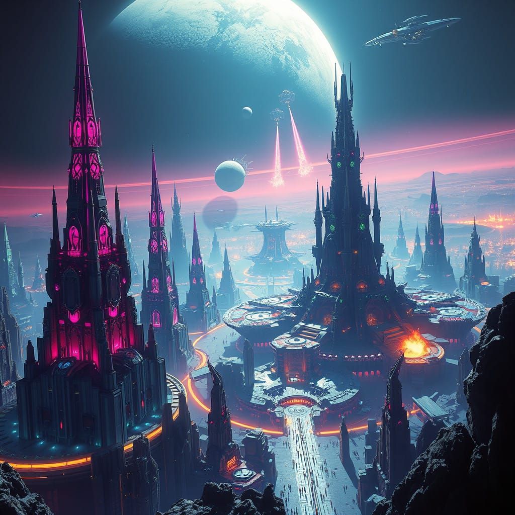 Futuristic Alien Metropolis Under Siege in a Dazzling, Cyber...