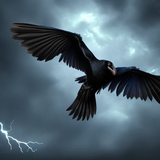 Realistic Raven in Dark Night Sky
