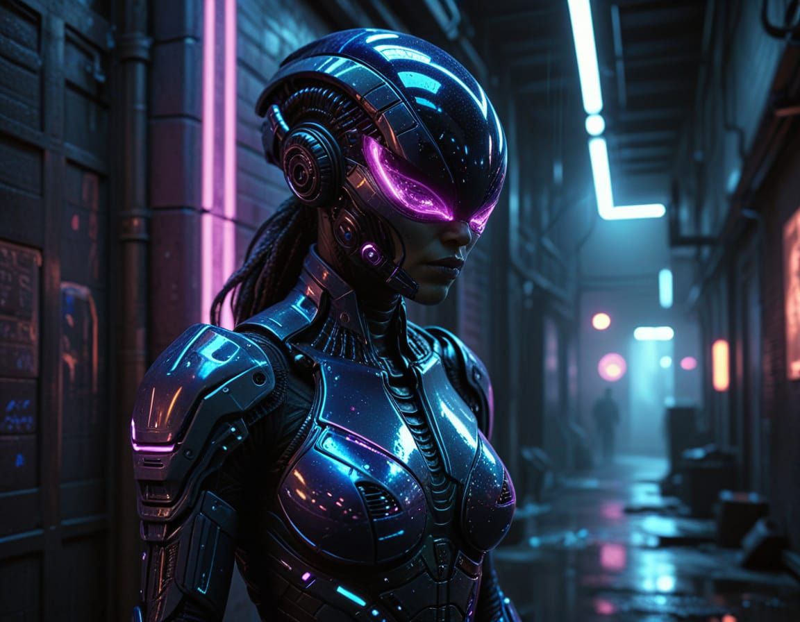 Cyberpunk Alien Policewoman in Neon-Lit Alleyway