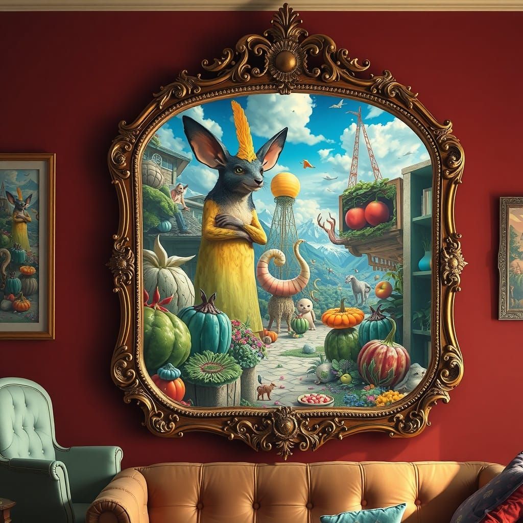 Ornate Mirror Reflecting Alternate Reality Scene