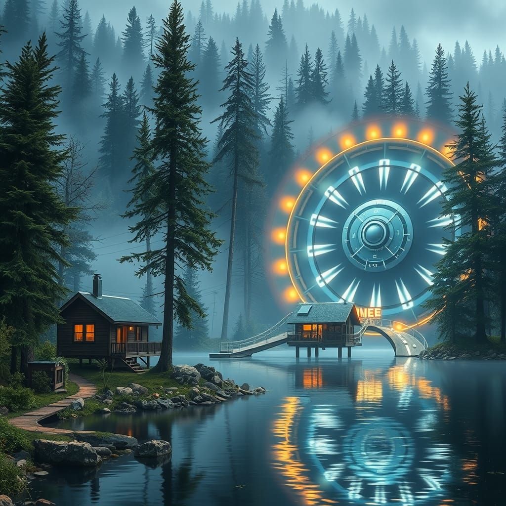 Fantasy Waterwheel Powers Floating Village in Forest