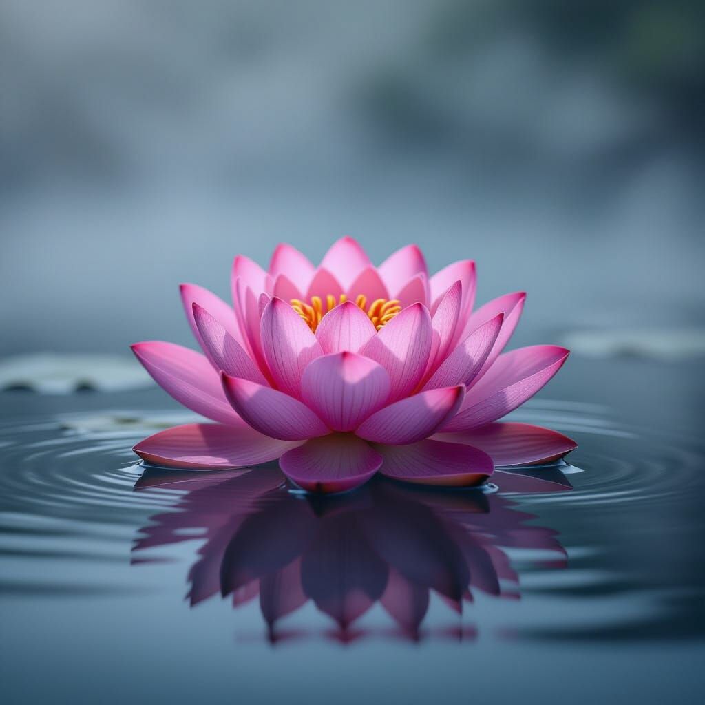 Pink Lotus on Misty Lake: Hyperrealistic Floral Art