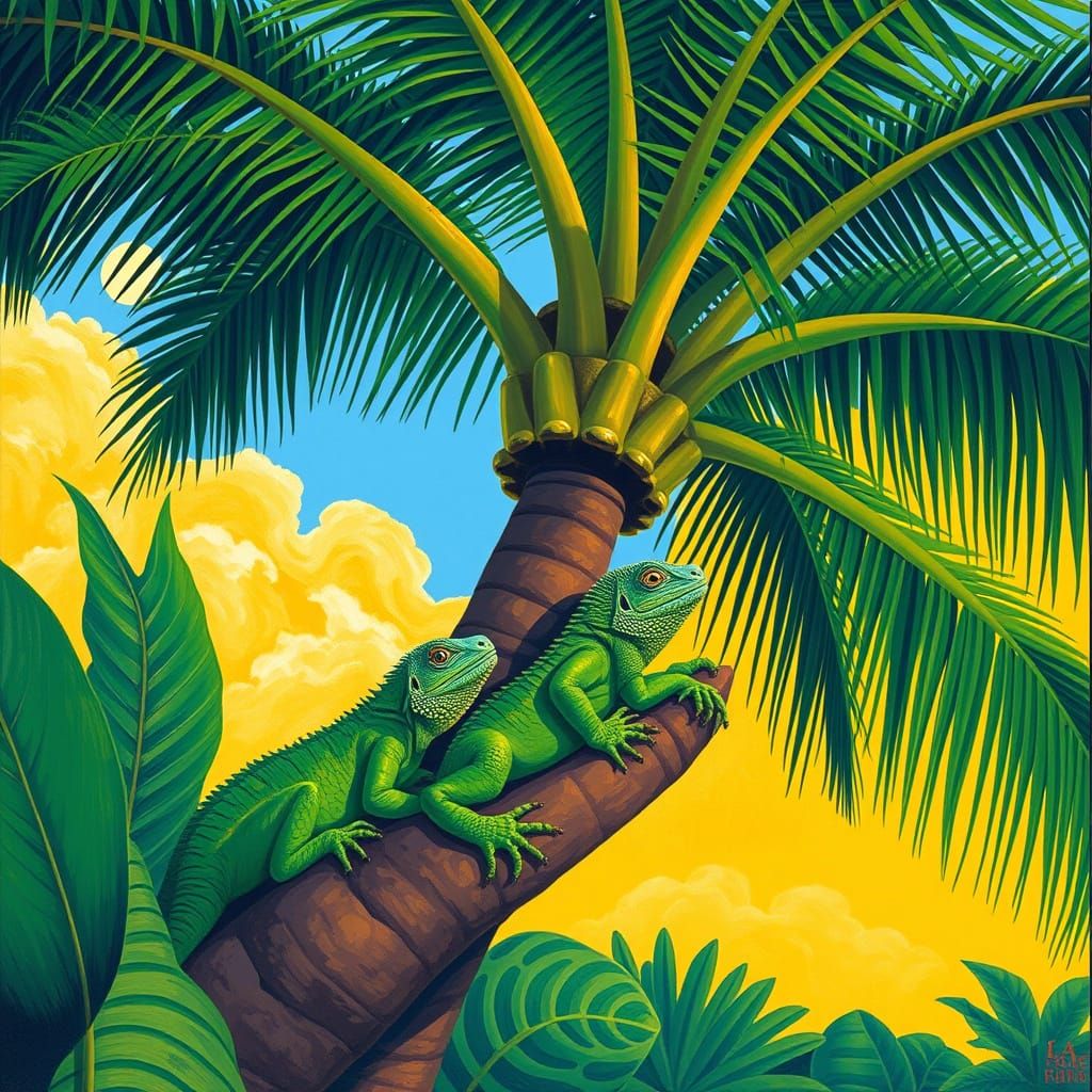 Iguanas Lounging in Palm Tree Foliage, Naive Art