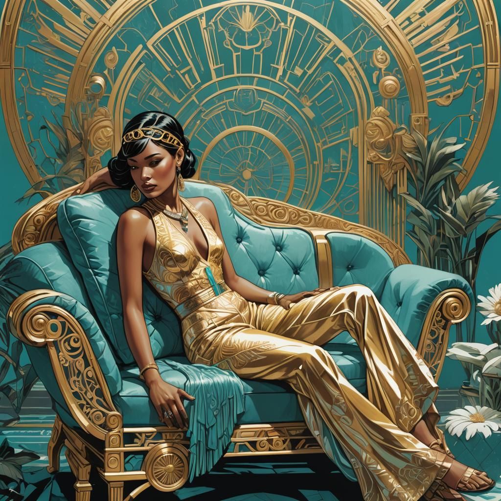 Art Deco Woman on Chaise Lounge in Turquoise