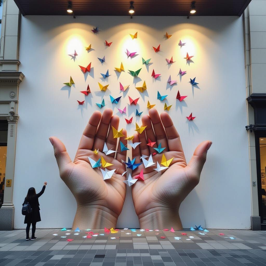 Giant Hands Paint Origami Birds Transforming into Real Birds
