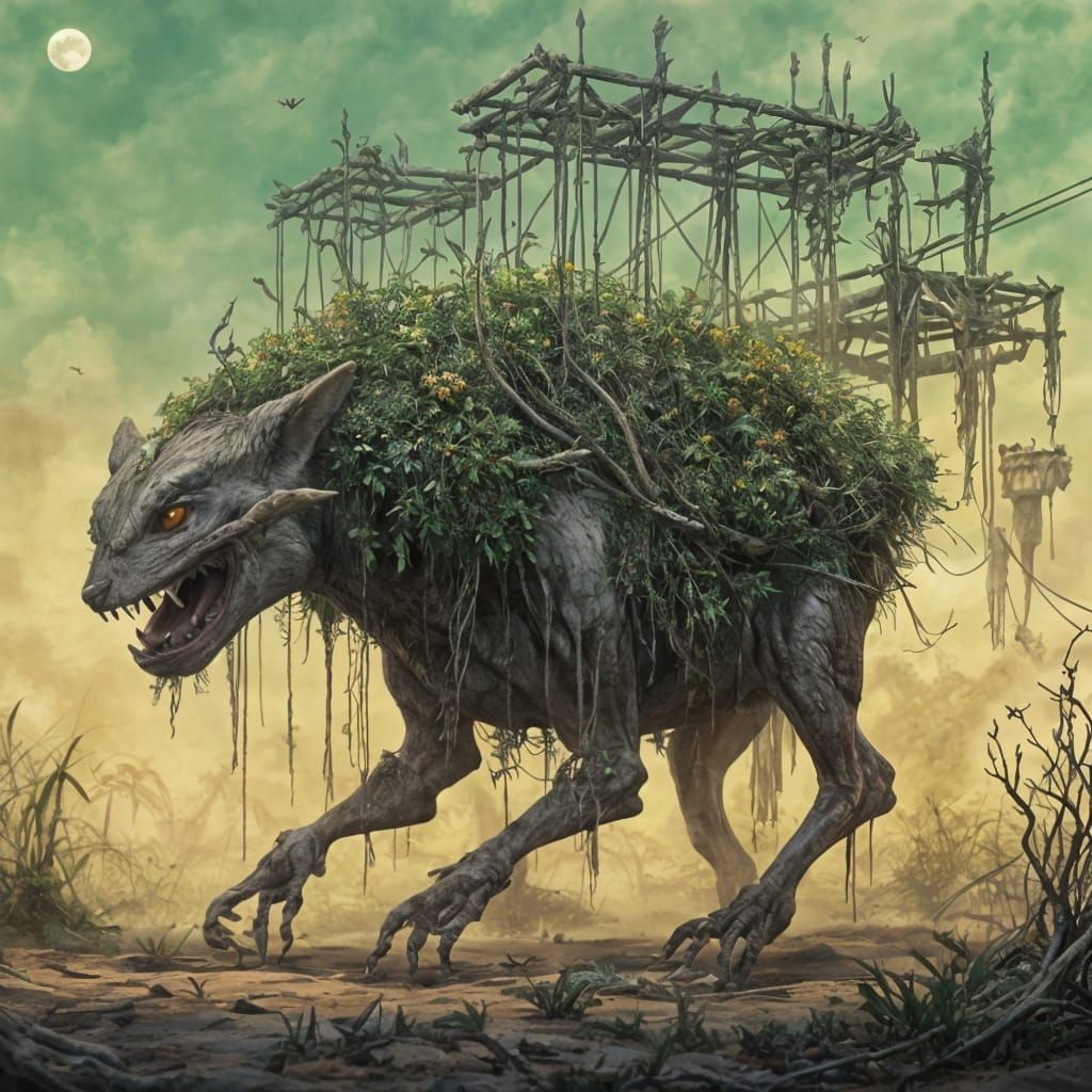 A Dark Green-Eyed, Horned Hybrid Attacks a Fox in a Dry Arge...