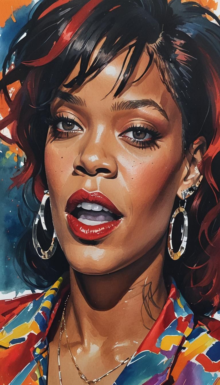 Rihanna Portrait in Gouache Painting Style