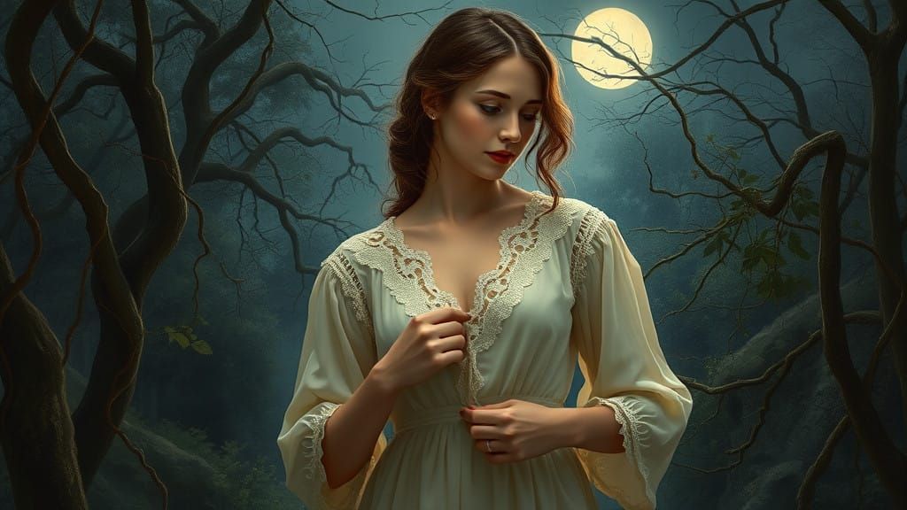 Woman in Moonlit Garden, Pre-Raphaelite Style