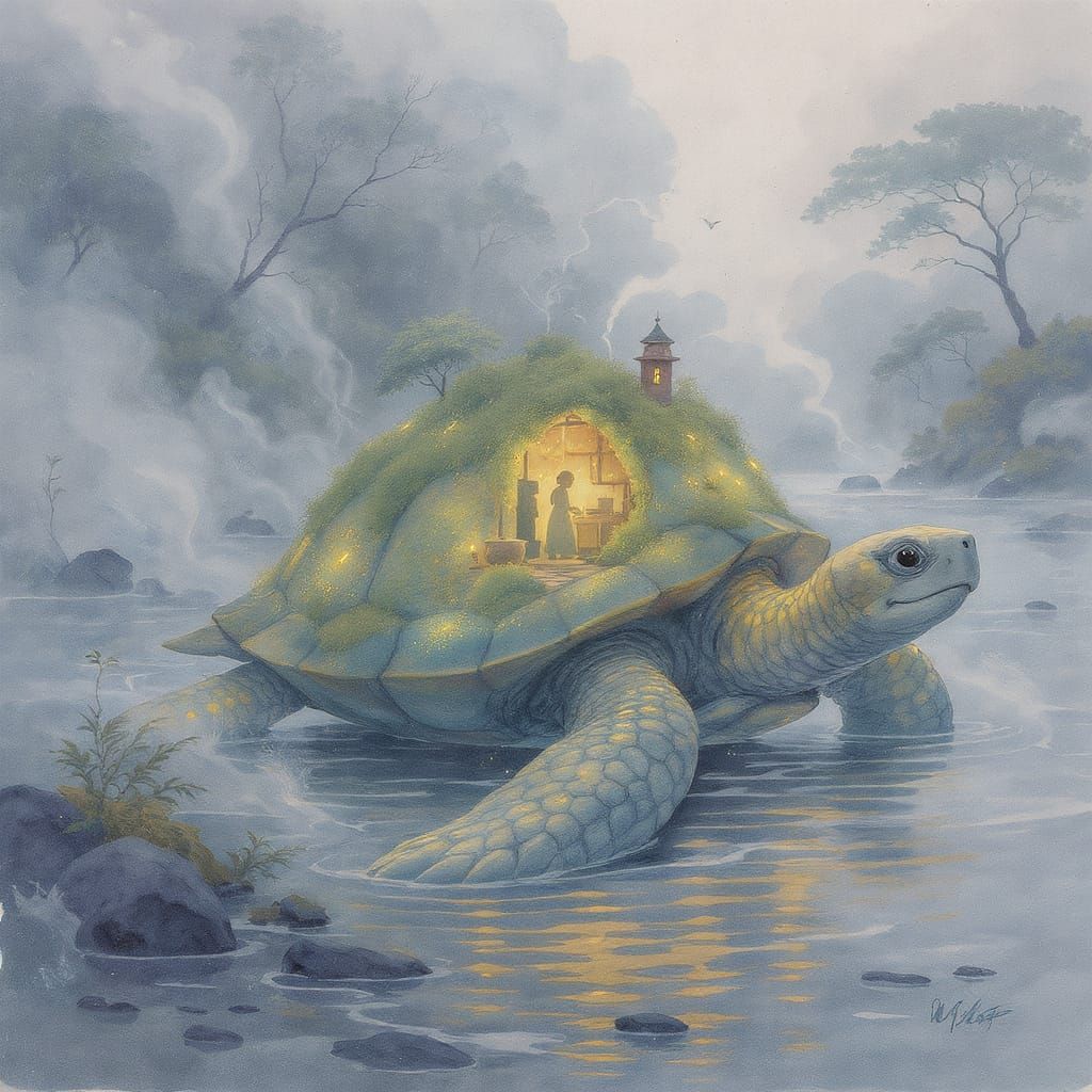 Giant Tortoise Mobile Home in Watercolor Style