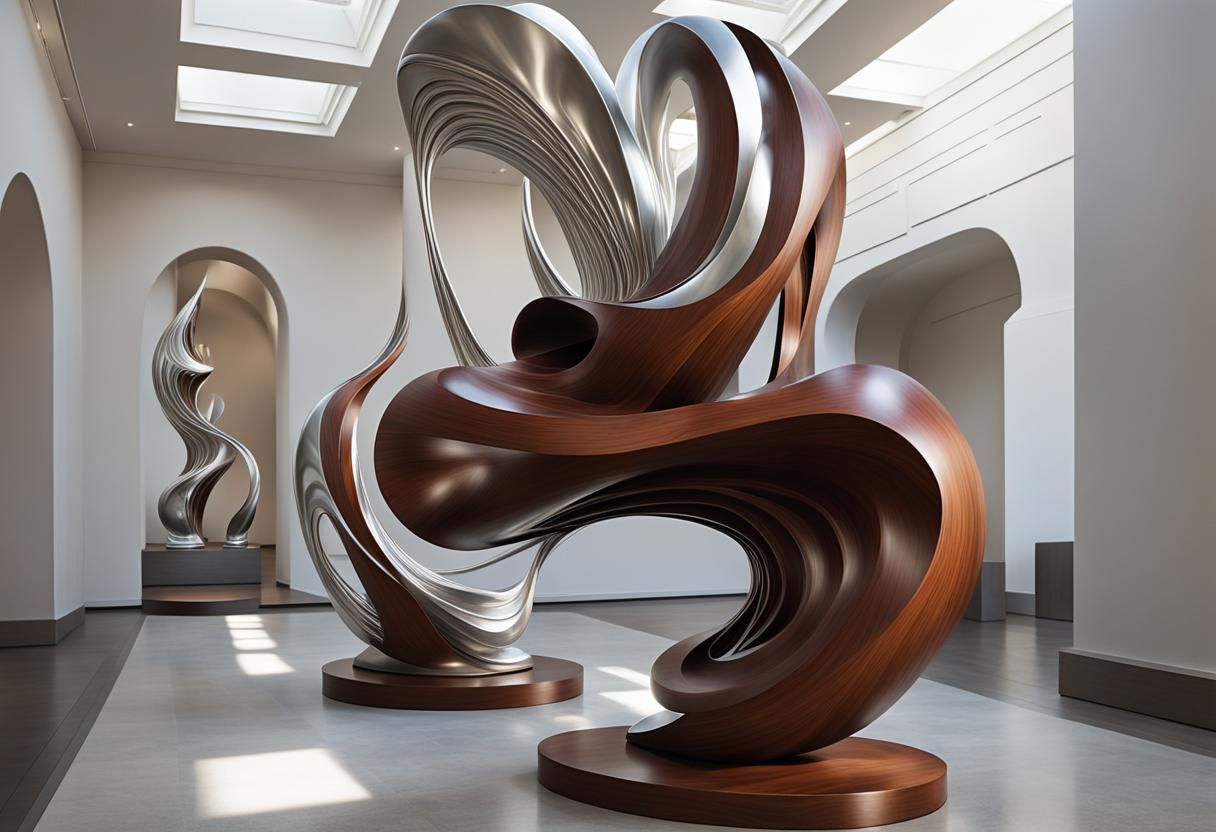 Exquisite Abstract Sculpture in Polished Wood and Silver