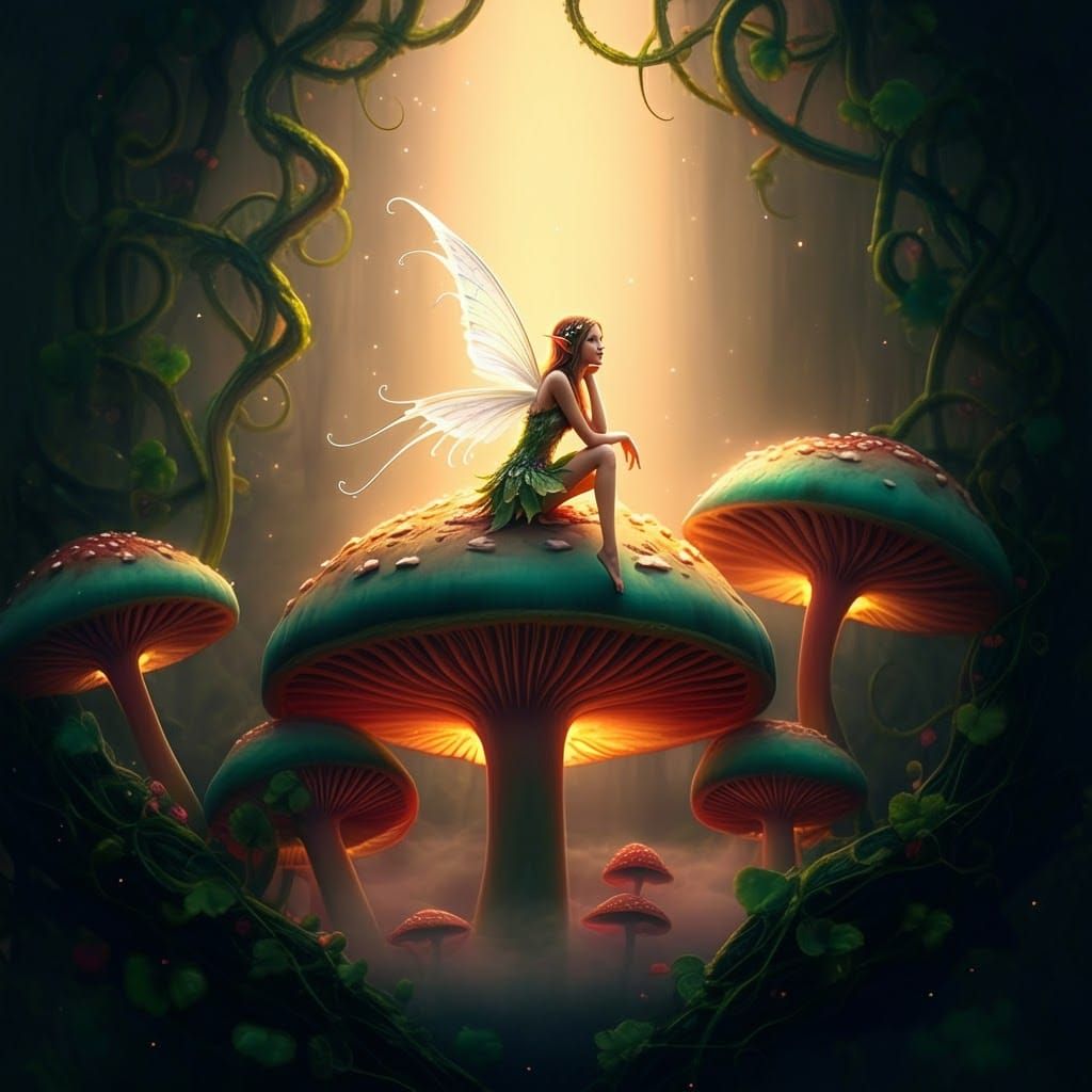 Ethereal Fairy on Glowing Mushroom, Dreamlike Art