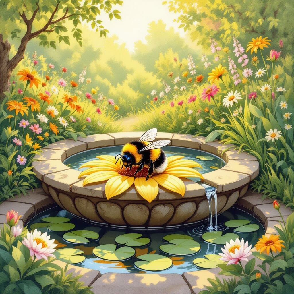 Bumblebee's Nap in Fairytale Garden Illustration