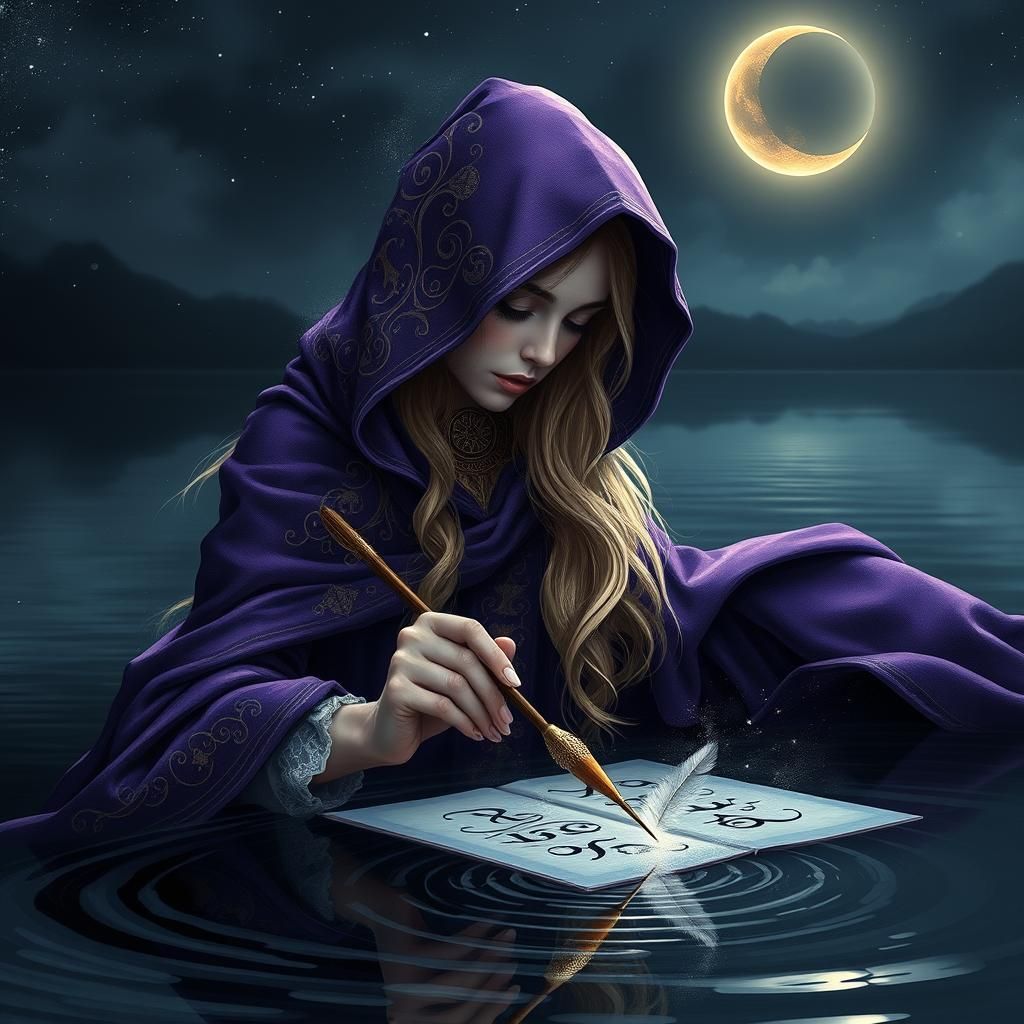 Mystical Alchemist Writing Calligraphy on Water