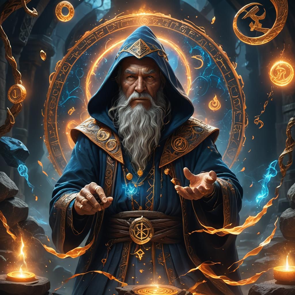 Fantasy Wizard Casting Spell with Glowing Runes