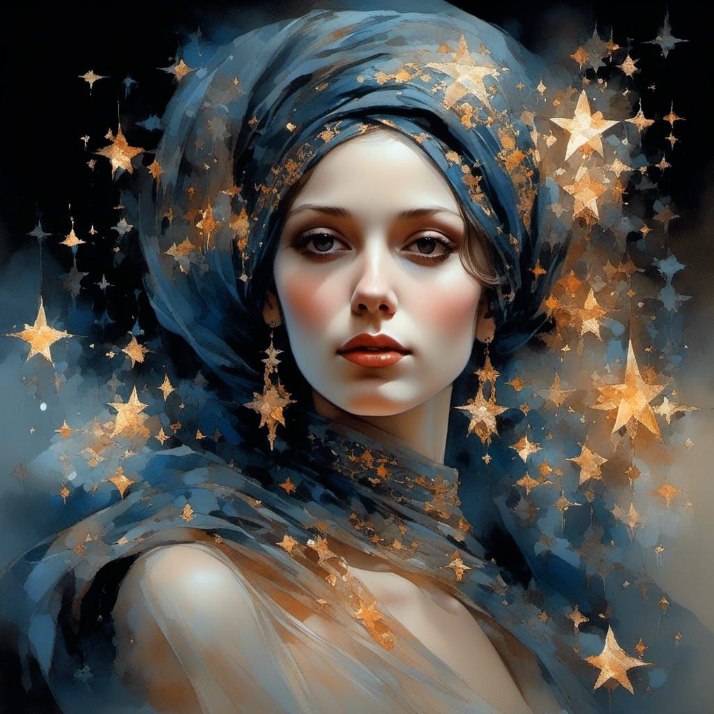 Woman in Starry Headscarf: Hyperrealistic Fantasy Portrait