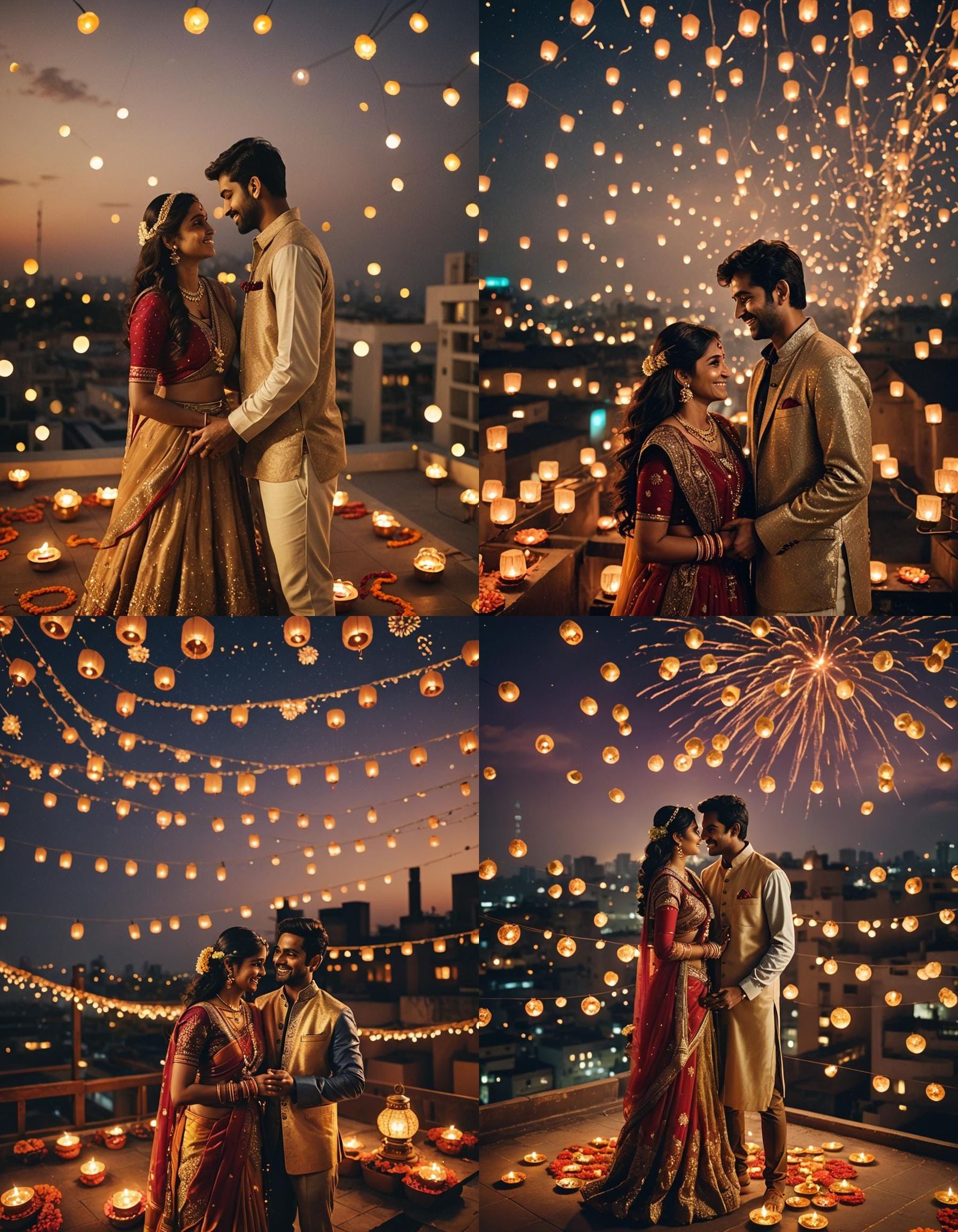 Romantic Diwali Celebration: Newlyweds Under Fireworks