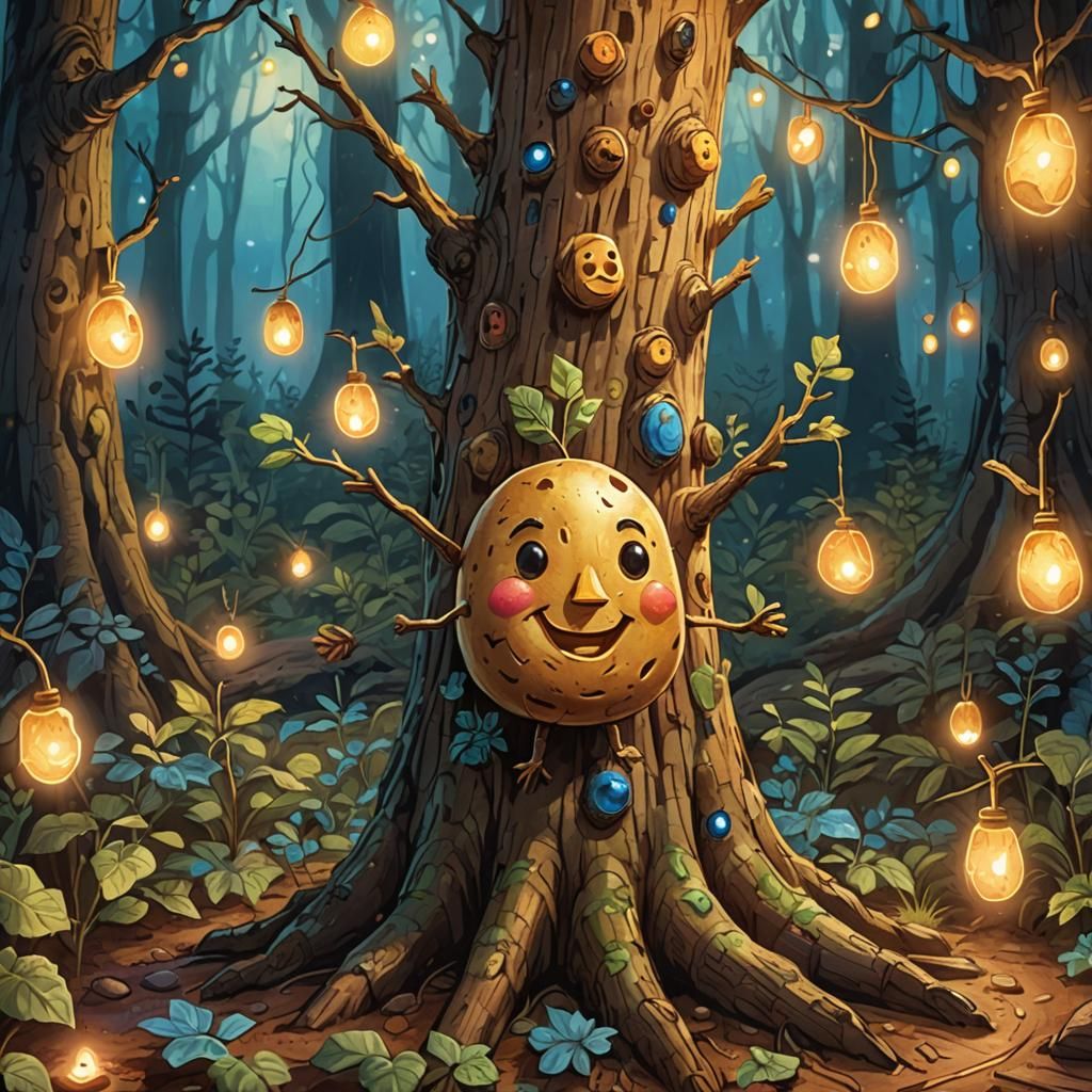 Smiling Potato Face in Mystical Forest Concept Art