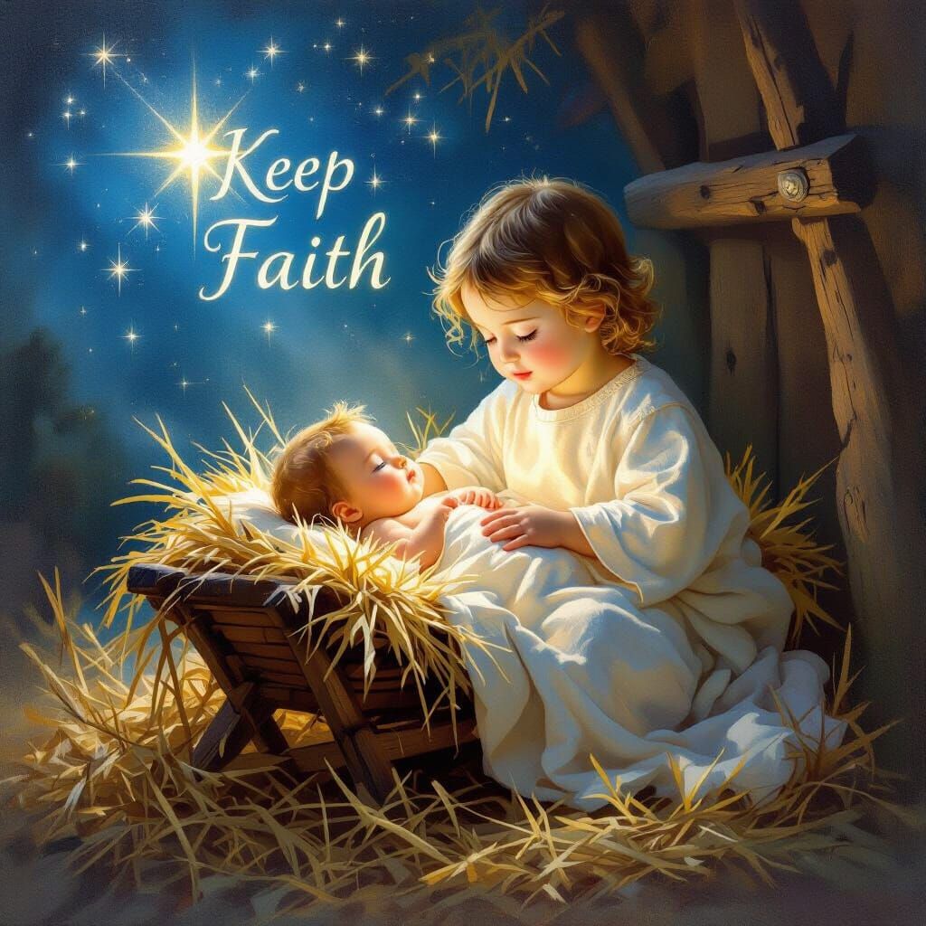 Baby Jesus in Manger, Christmas Night Oil Painting