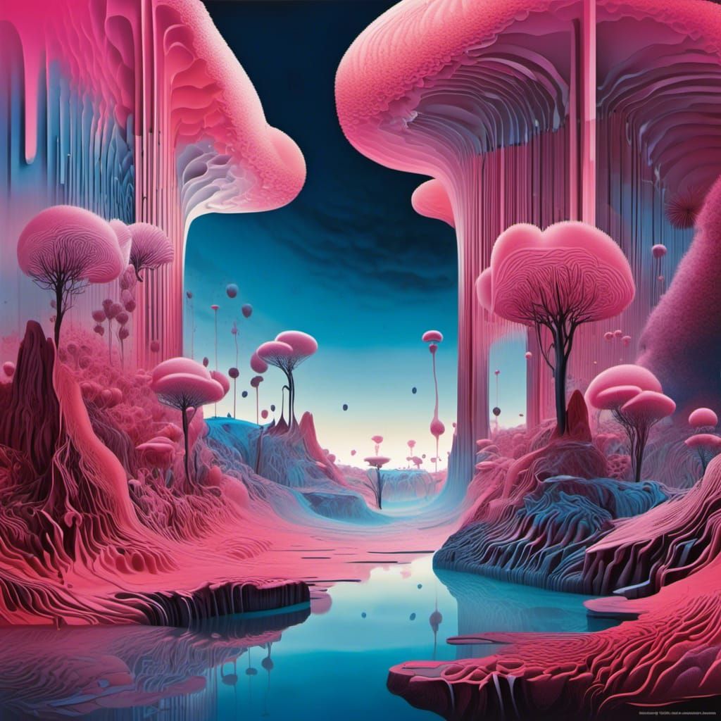 "<lora:Frequency:1.0>Create a fantastical scene with vertiginous cliffs that melt and distort, blending into surreal ski...