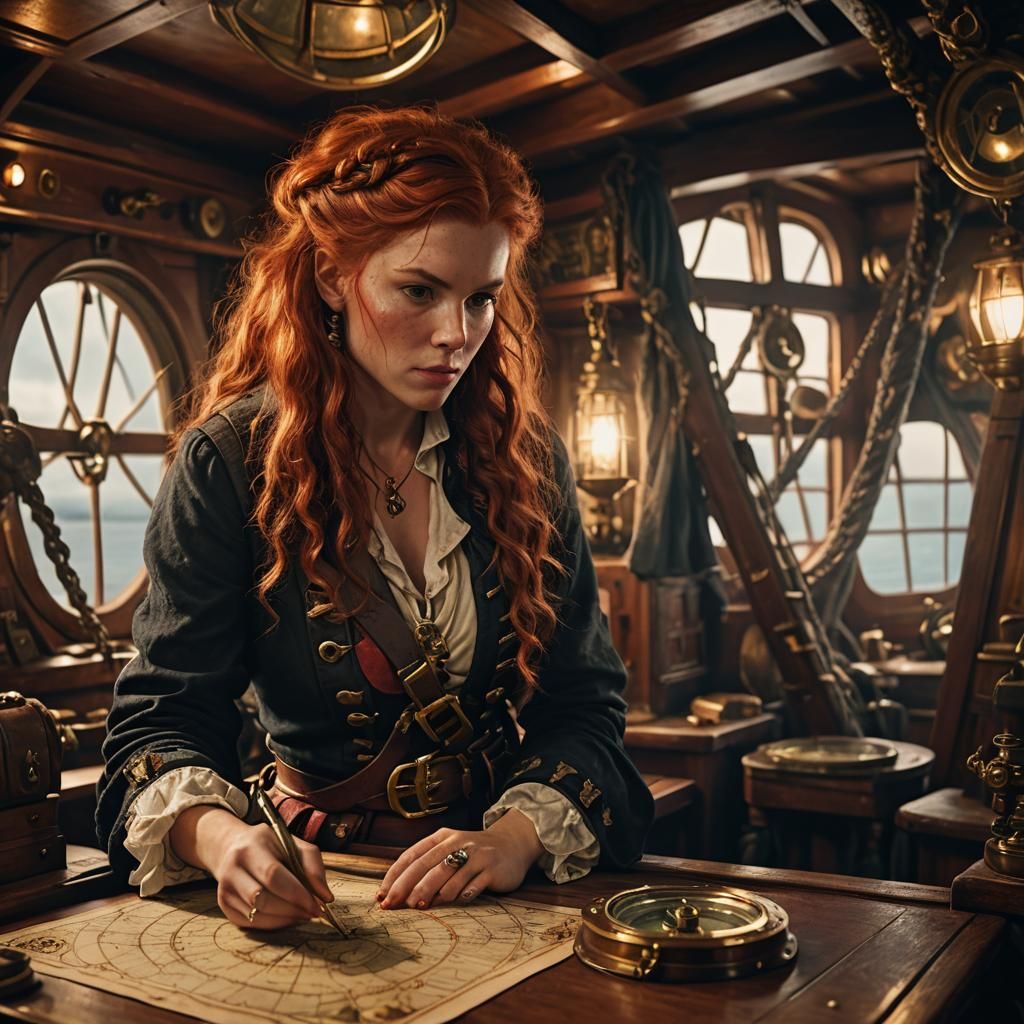 Red-Haired Pirate Navigating Ship's Cabin in Golden Light