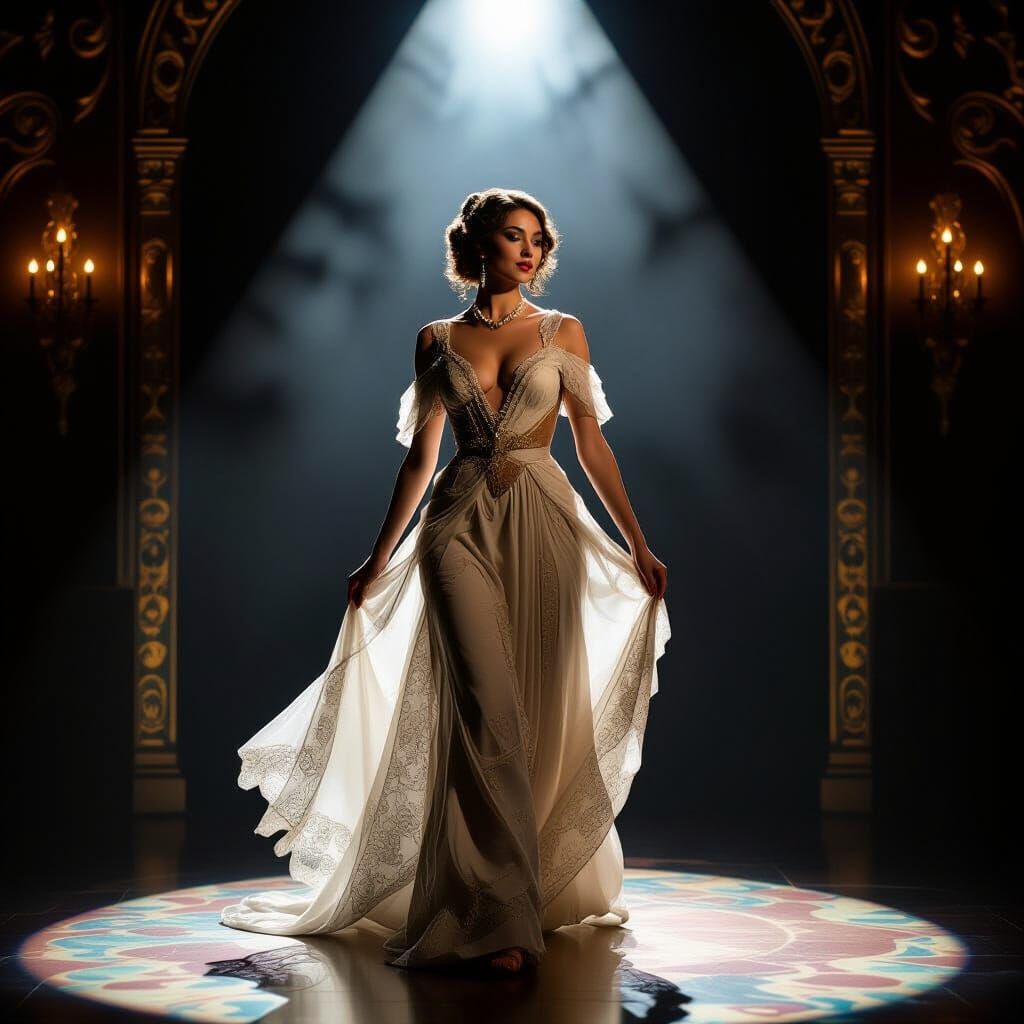 Woman in Vintage Gown on Cabaret Stage in Spotlight