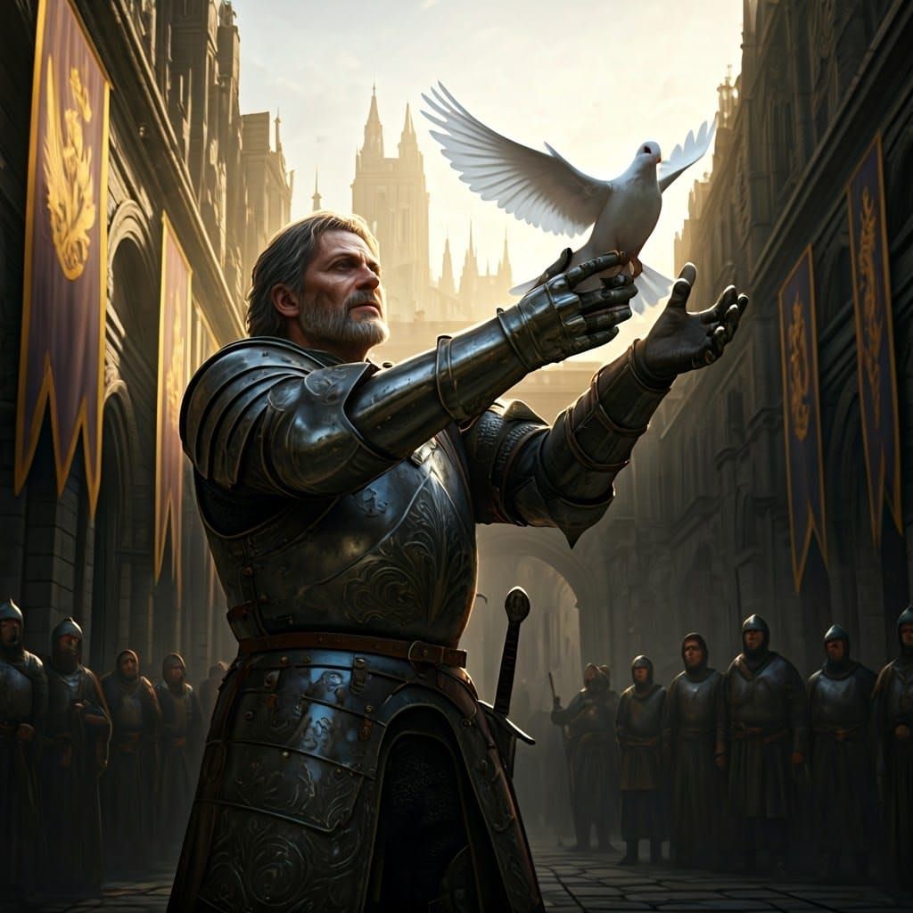Medieval Knight Offers Truce with a White Dove in a Grand Ca...