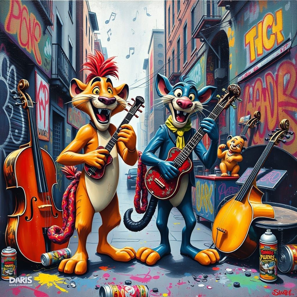 Vibrant Street Art Orchestra with Timon and Pumbaa