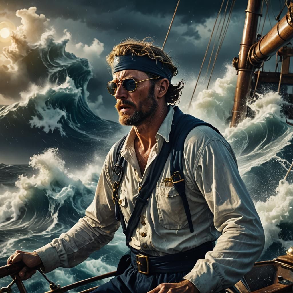 Sailor at Helm in Stormy Seas