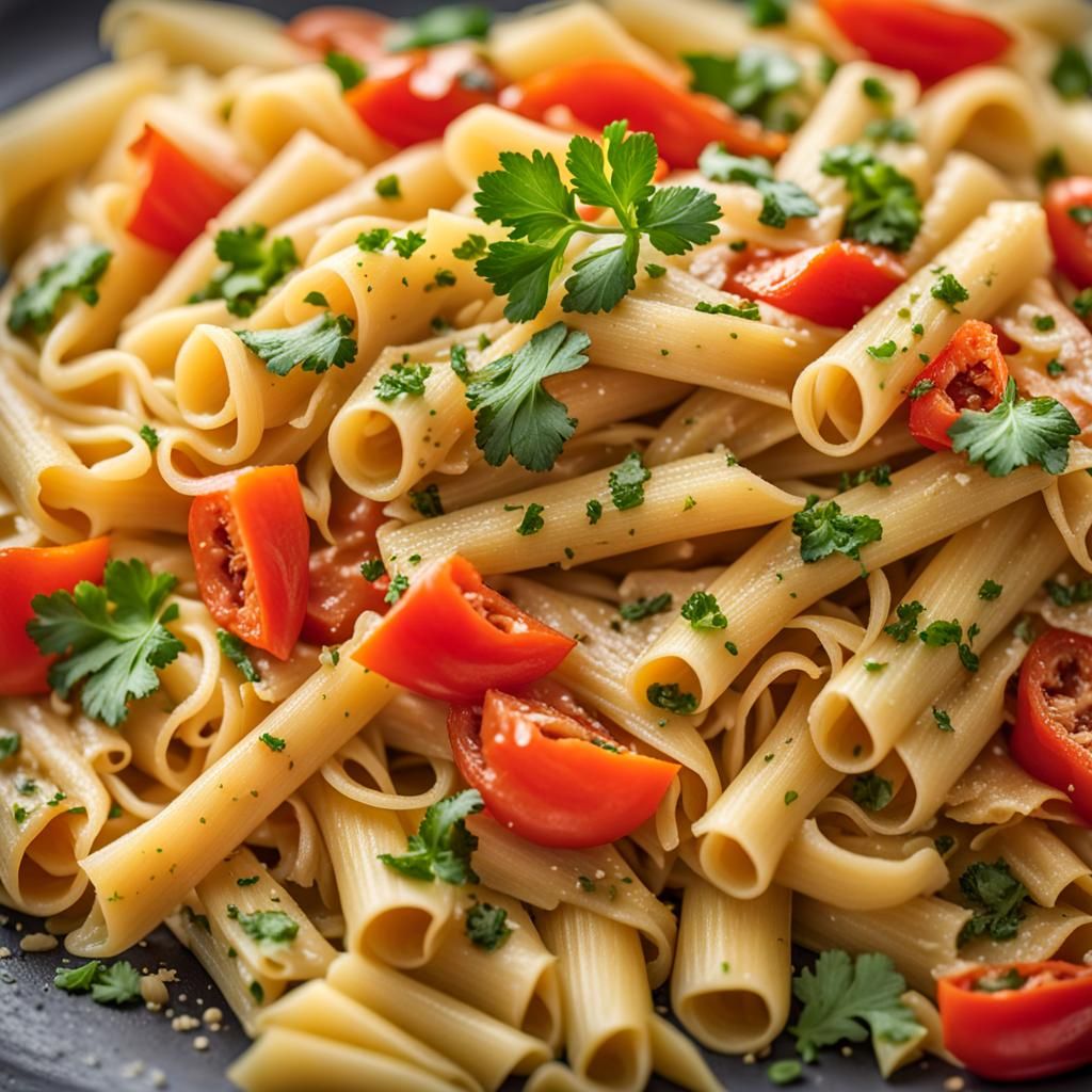 Delicious Pasta with Garlic Sauce, Hyperrealistic Image