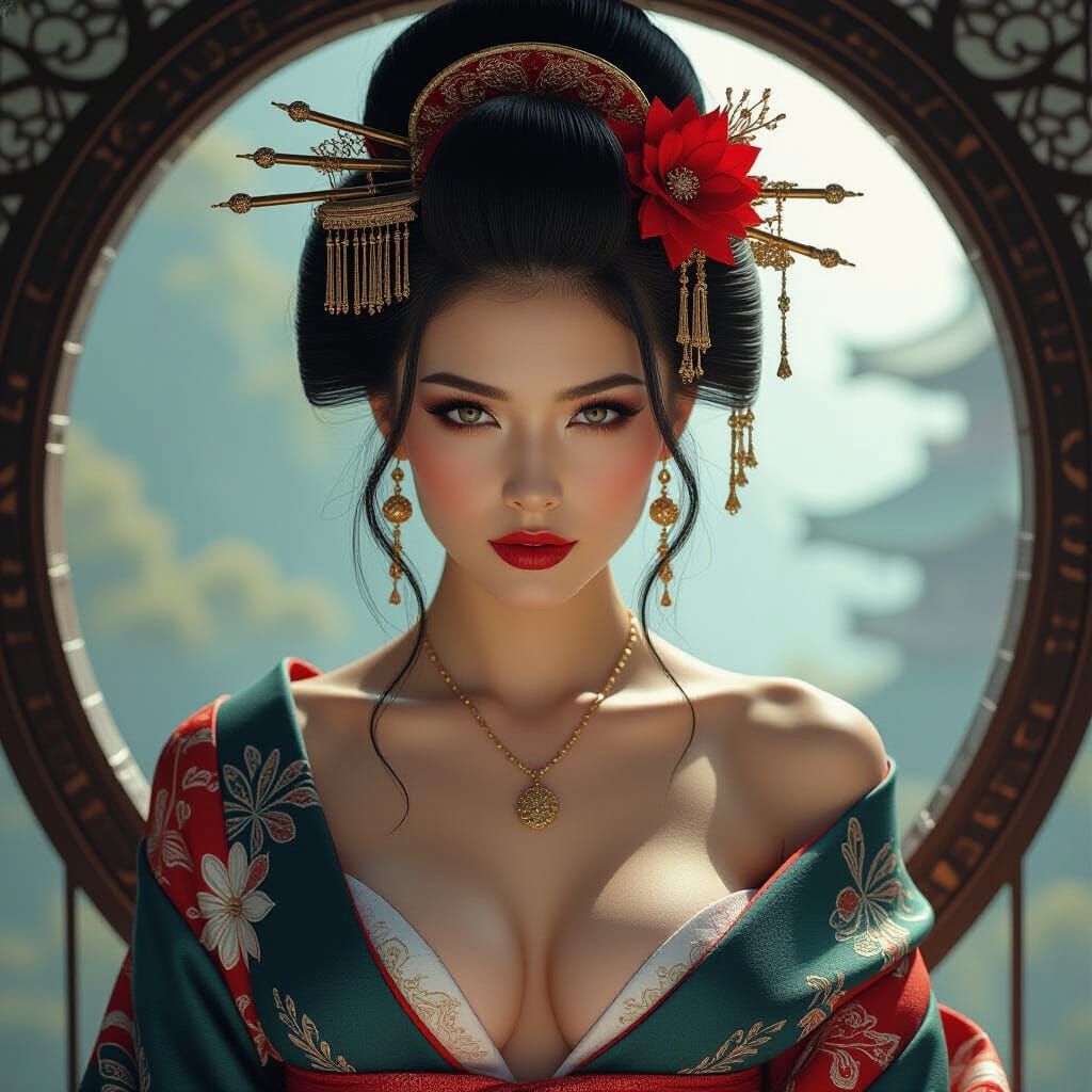 Ethereal Geisha in Misty Forest, Photorealistic Masterpiece