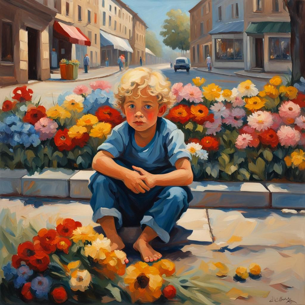 Boy Selling Flowers: Oil Painting with Thick Brushstrokes