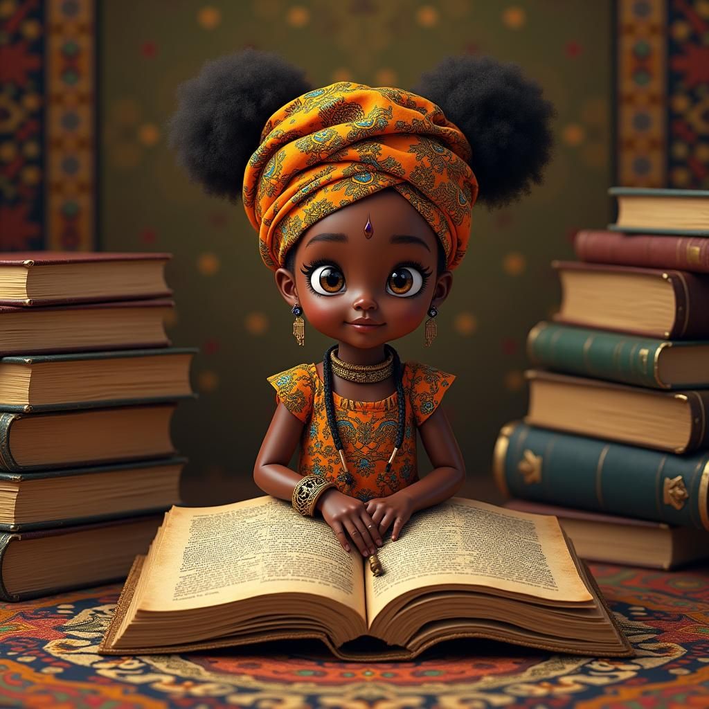 African Girl Surrounded by Ancient Books