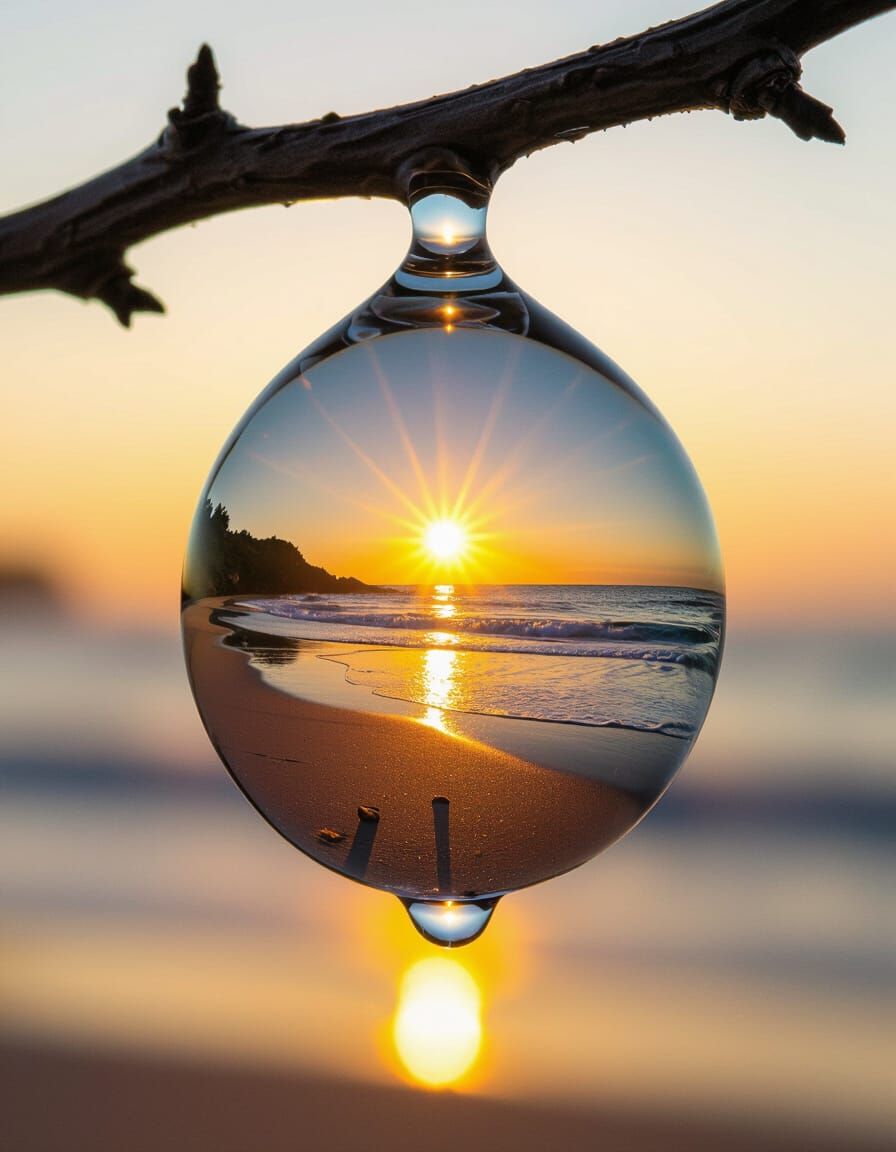 Water Droplet Reflection of Golden Beach Sunset