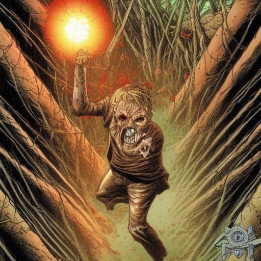 Zombie Emerges from Grave: Gouache Ink Art