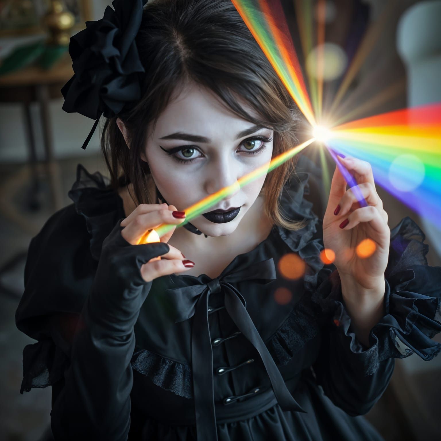 Goth Girl Plays With Rainbow Light in Abstract Photo