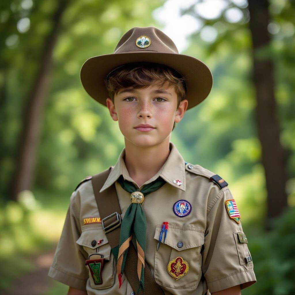 Boy Scout in Uniform at Serene Camp