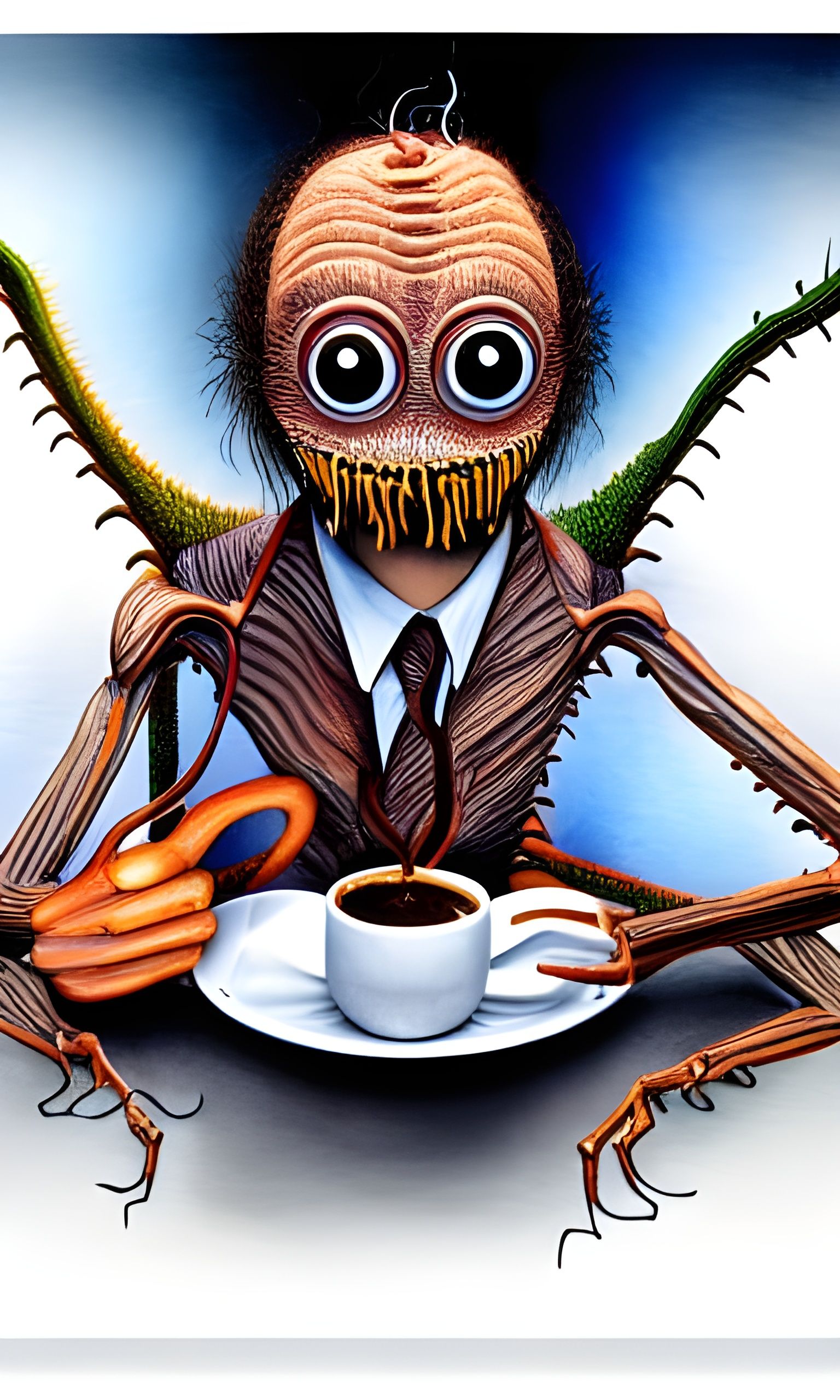 Futuristic Bug-Eyed Humanoid Drinking Coffee