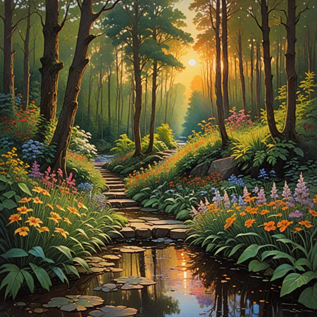 Sunset Forest Path with Vibrant Flowers and Waterfall