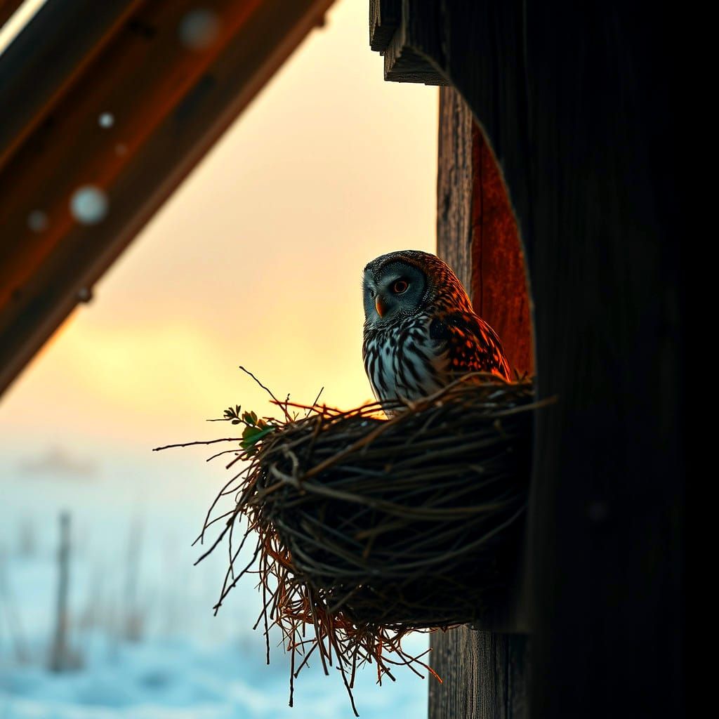 Hyper-Realistic Barn Owl Watching Winter Snowfall