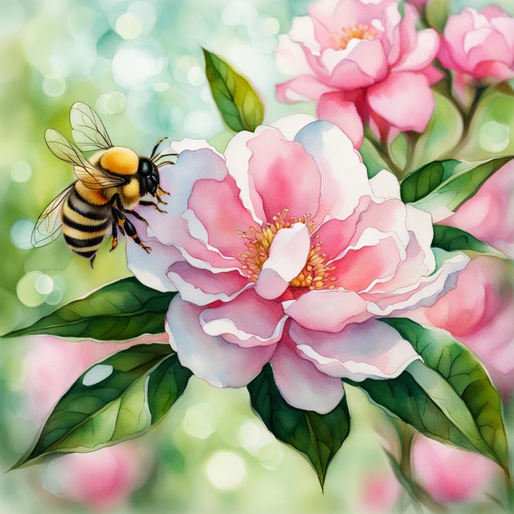 Watercolor Bee with Camellias in Bloom