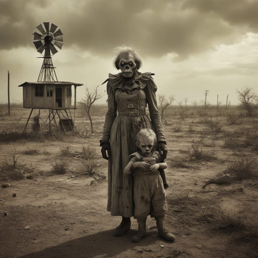 Surreal Oklahoma Dust Bowl Scene: Zombie Monkey Mother and T...