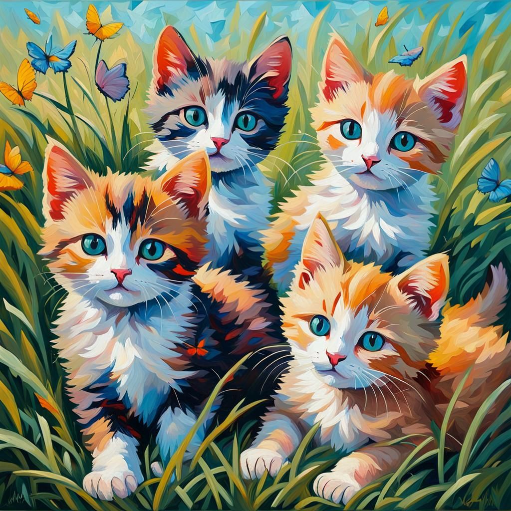 Butterflies and Kittens: Neo-Impressionist Oil Painting