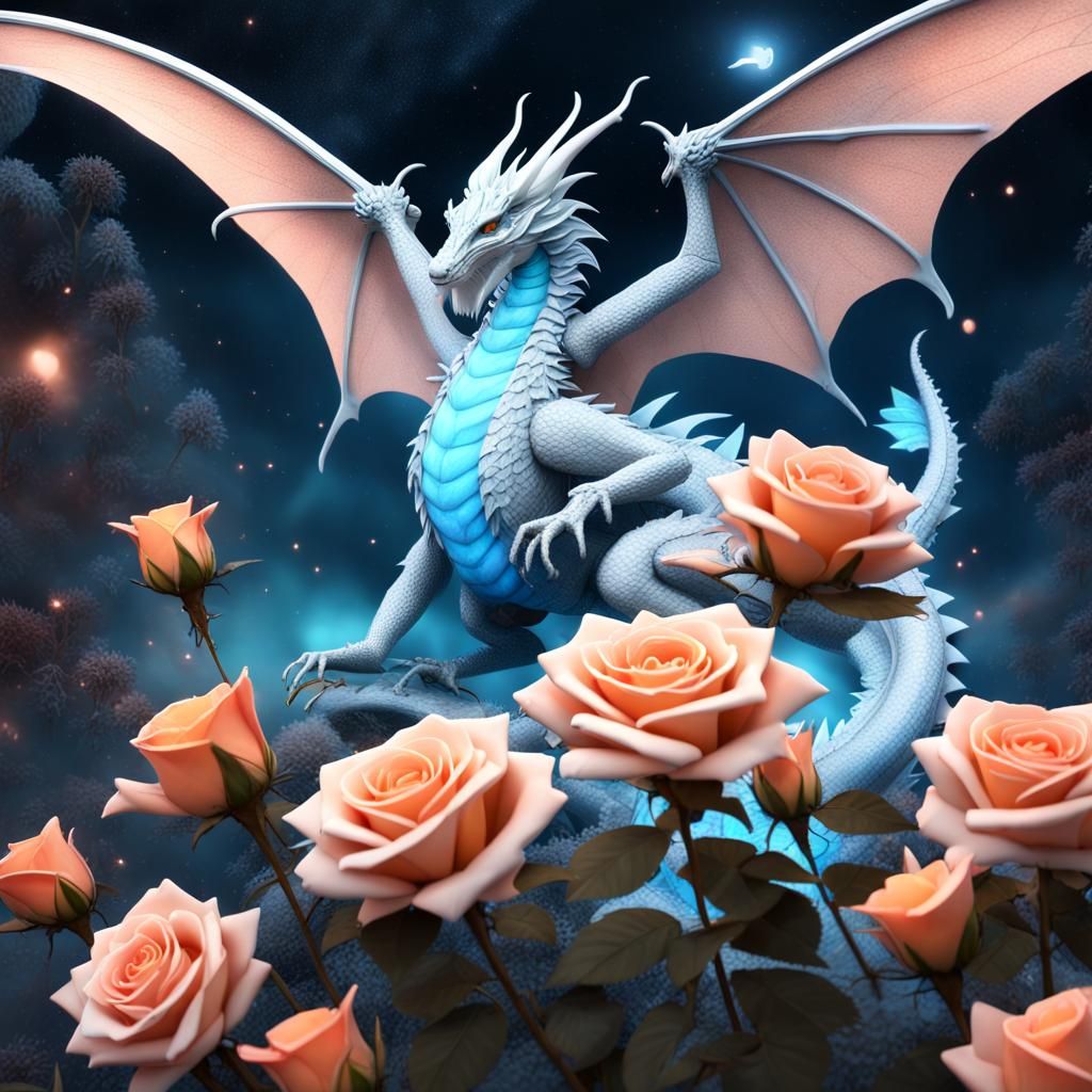 Ice Dragon with Roses Against Galaxy Backdrop