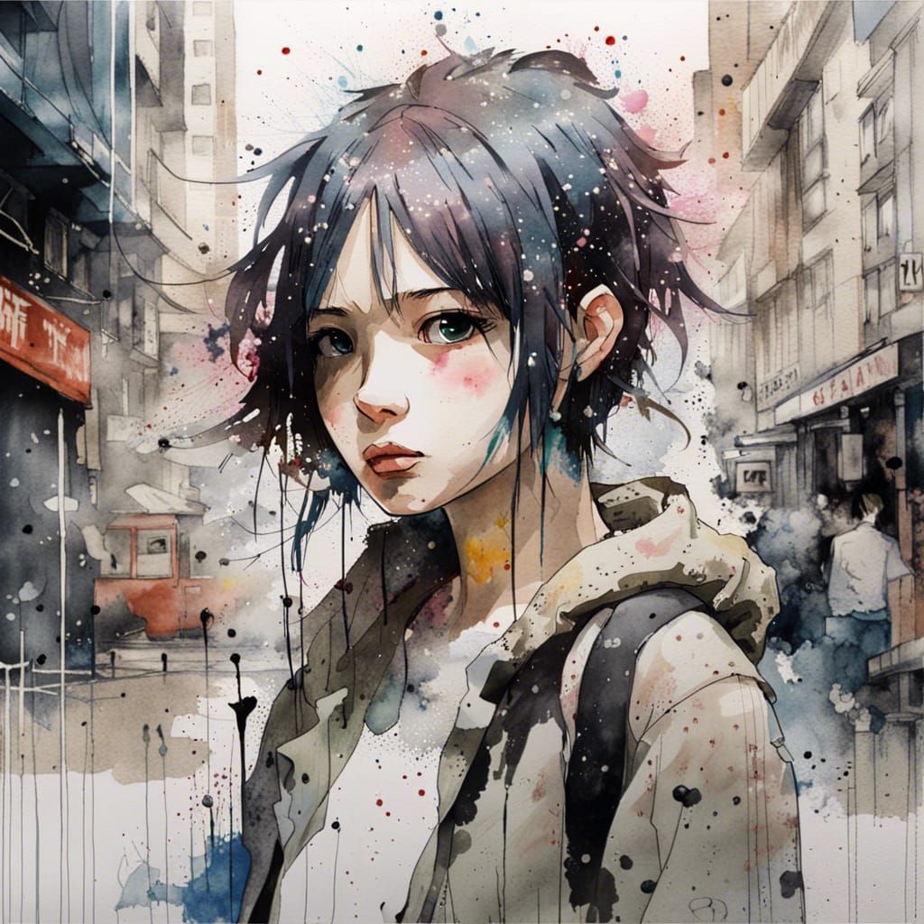 Anime Girl in Street Art Style with Paint Splatters