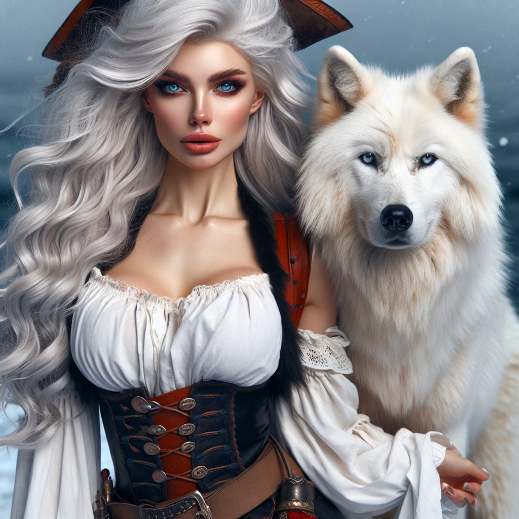 Courageous Pirate Woman with Loyal White Wolf