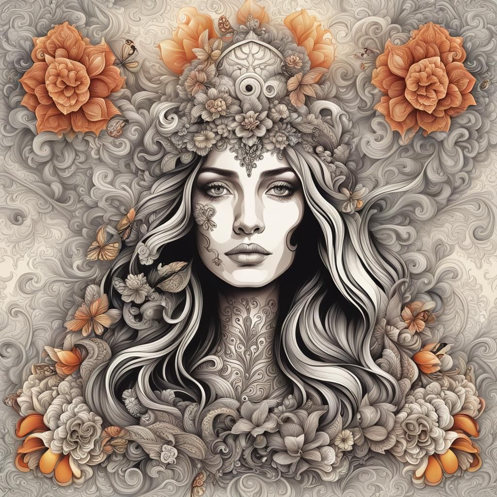 Sacred Heart Portrait with Paisley and Fractals