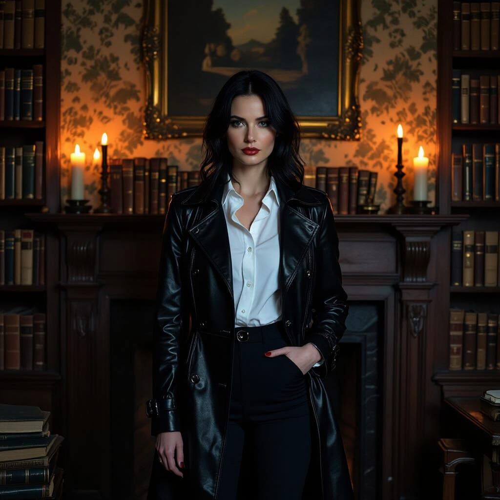 Pale Woman in Leather Trench in Dimly Lit Study