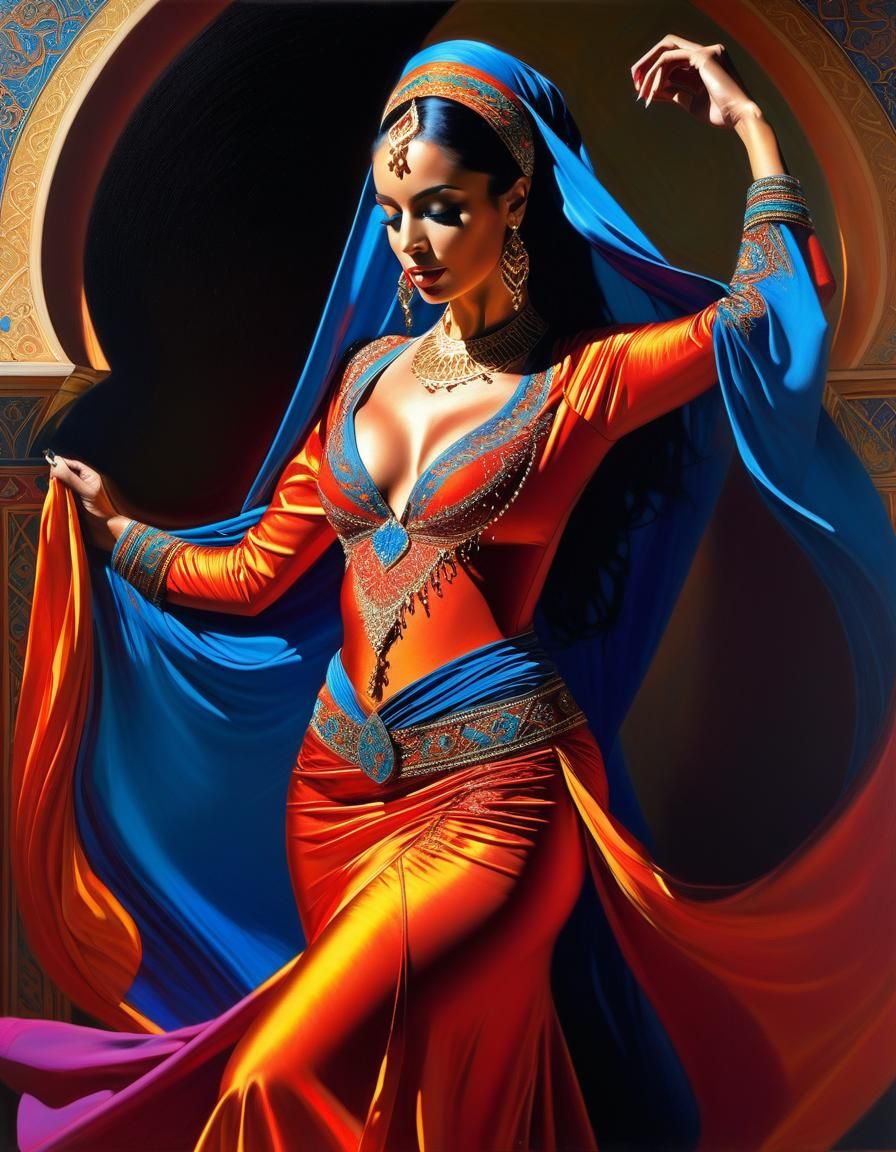 Arabian Concubine Dancing for Sultan: Hyperrealistic Oil Pai...