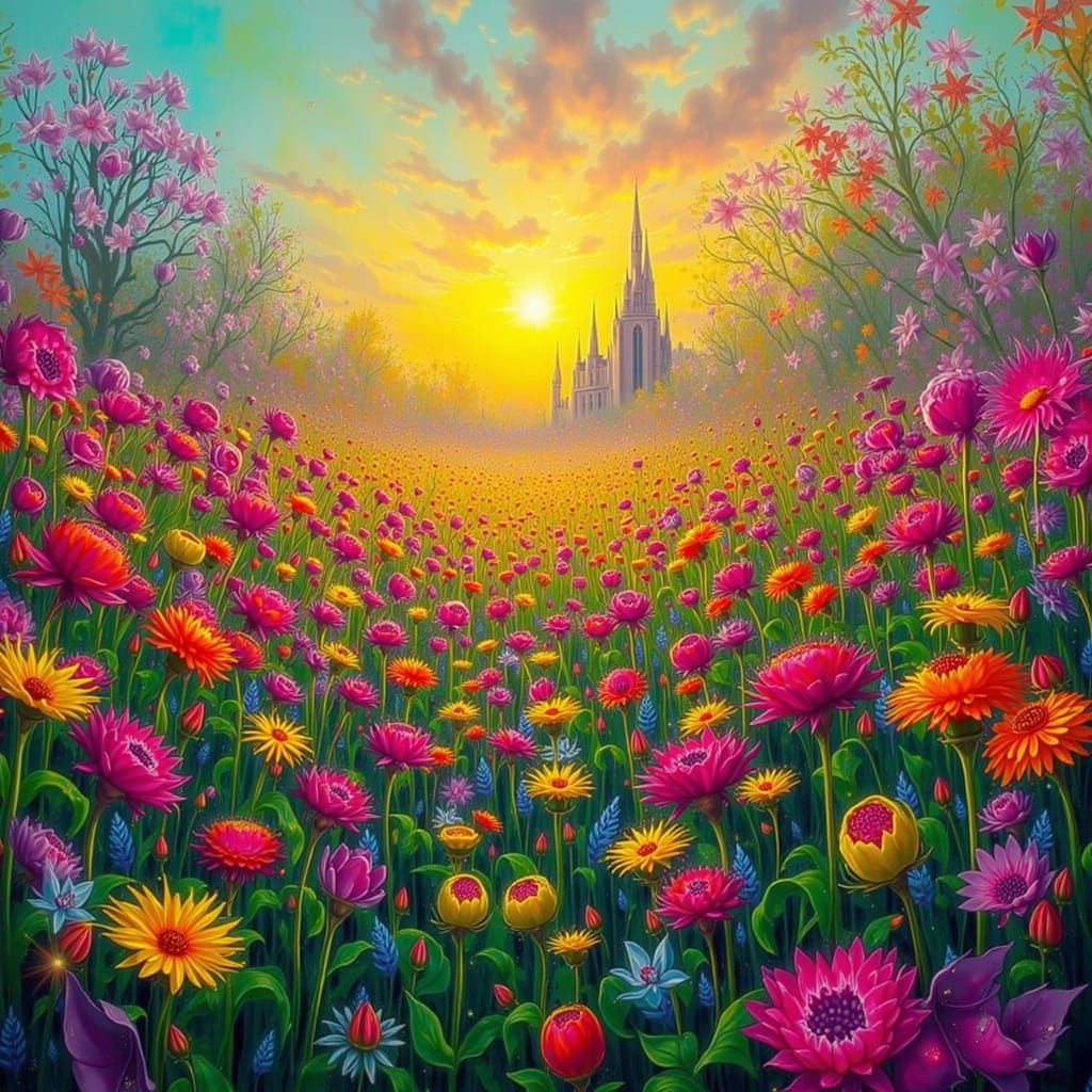 Surreal Alien Flower Garden at Sunset in Golden Light